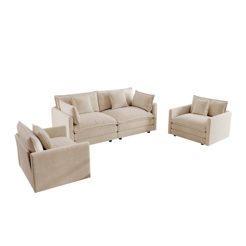 Ensemble de canapé de salon en chenille café 3 pièces, canapé modulaire 2 places et fauteuils d'appoint, Beige / Crème