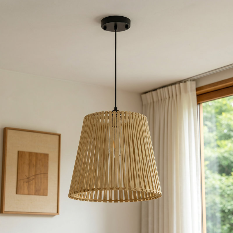 Luminaire suspendu en bois noir mat 1 lumière à hauteur réglable avec abat-jour trapézoïdal en bois naturel