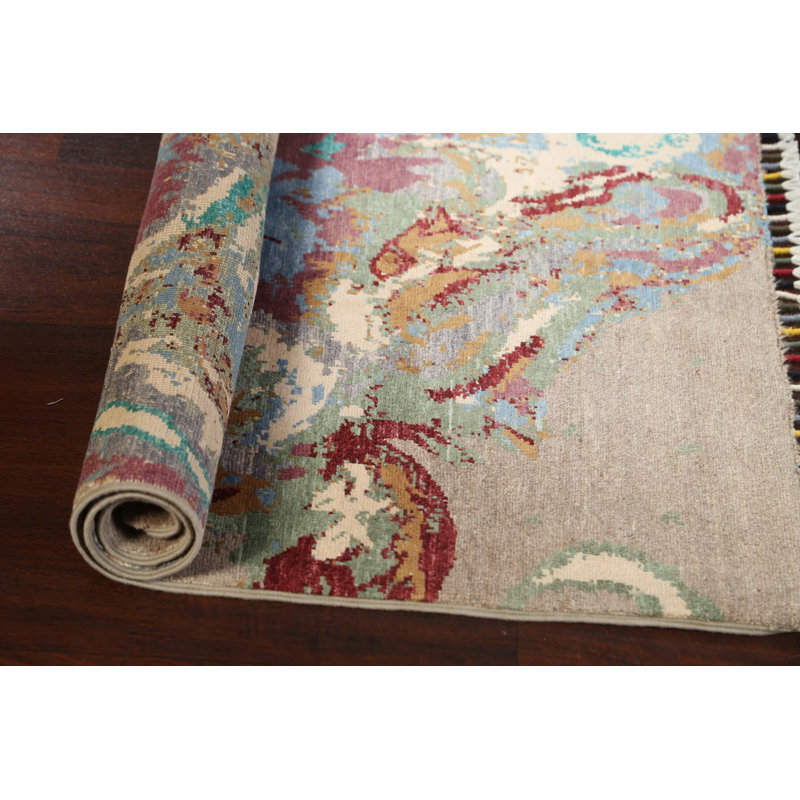 Tapis beige en laine noué à la main de conception unique 2 pi 9 po x 4 pi 1 po