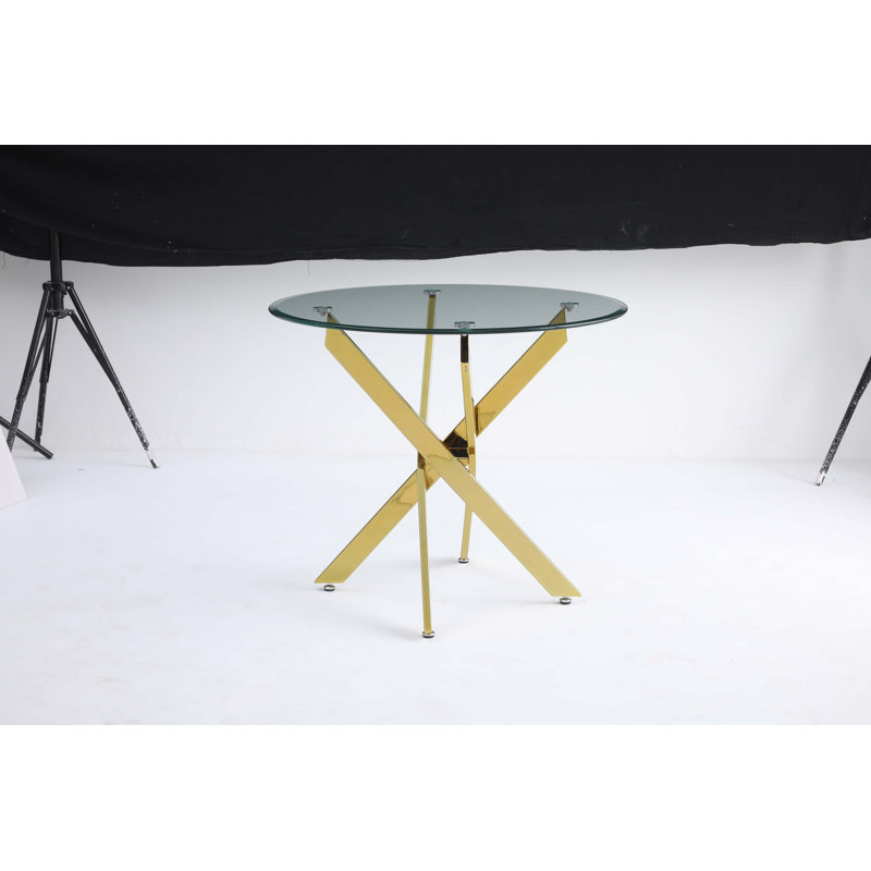 The Modern Circular Tempered Glass Tabletop Is Paired With A Iron Frame, Measuring 35.43 Inches In Length., Gold