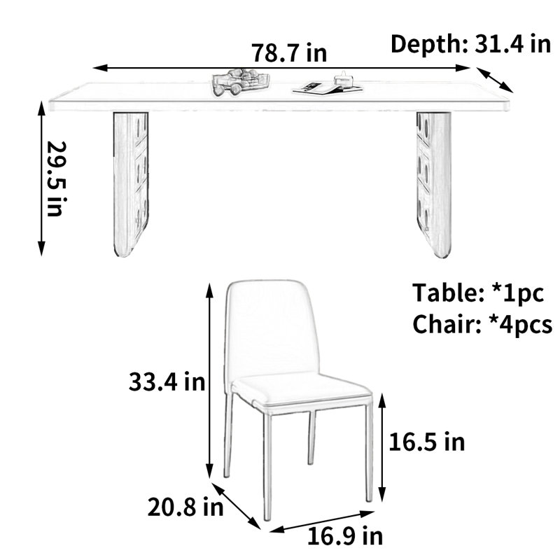 High-end stylish dining table and chairs, 29.5"H x 78.7"L x 31.4"W