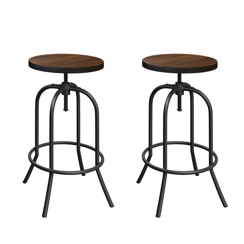 Tabourets de bar pivotants Alidis - 2 tabourets de bar réglables à hauteur de comptoir ou de bar avec siège rond en bois et structure en tube de fer