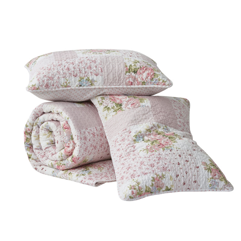 King Pink Cotton Reversible Floral Quilt Set