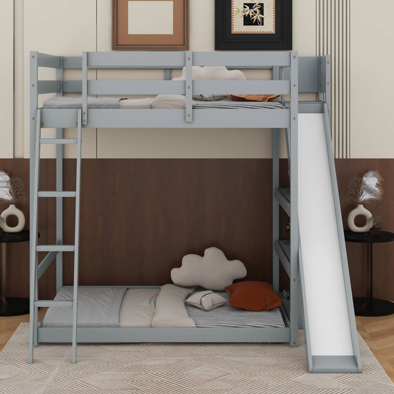 Full Over Full Bunk Bed With Ladder, Slide And Shelves, Gray