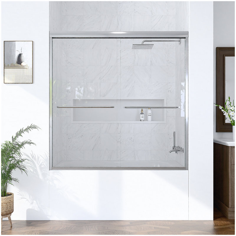 56"-60"W*60" H Semi-Frameless Double Sliding Shower Door, Bypass Shower Door, 1/4" (6mm) Thick SGCC Tempered Glass Door,Chrome