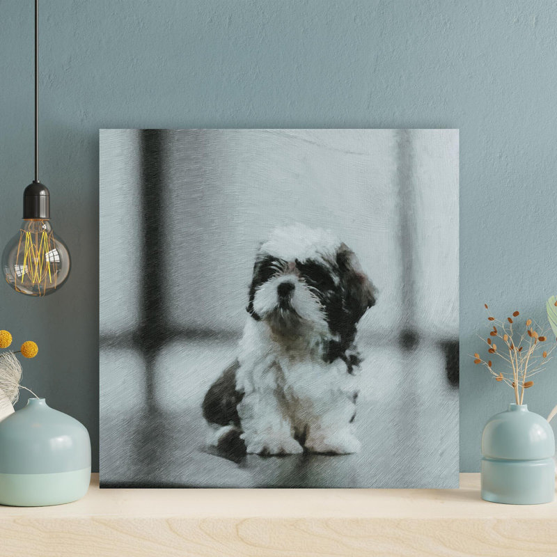 «Black White Puppy On Table», reproduction d'art graphique sur toile tendue 1 pièce, H 32 po x l 32 po