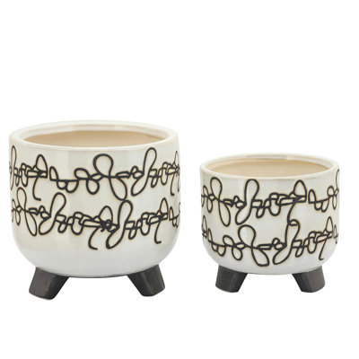 S/2 CERAMIC 6/8" SCRIBBLE FOOTED PLANTER, BEIGE