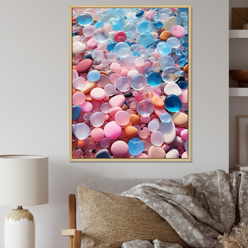 «Pink and Turquoise Pebble Tropical Beach», reproduction sur toile, Cadre naturel flottant, H 32 po x l 24 po x P 1 po