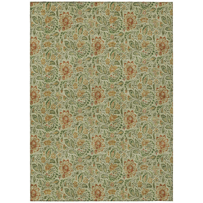 3' X 5' Green Copper And Sage Floral Washable Indoor Outdoor Area Rug