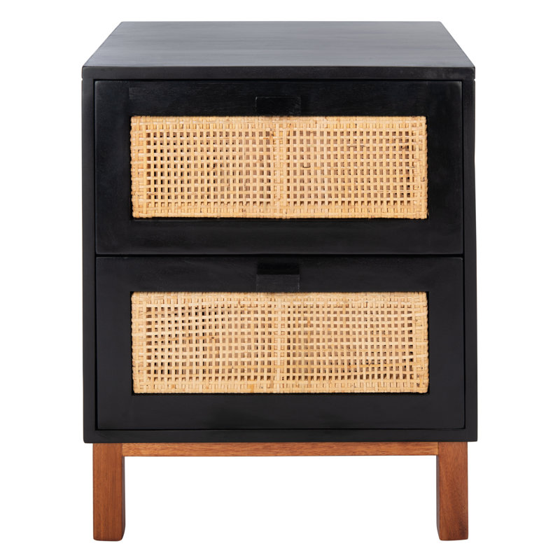 Table de chevet élégante à 2 tiroirs avec poignées dorées en bois, Noir, noir, noir, noir
