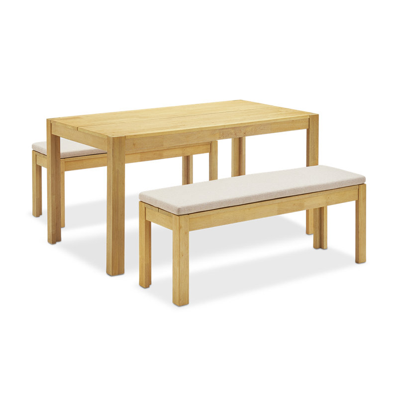 Logan Upholstered Beige Dining Bench Set Of 2, Modern Farmhouse Solid Wood 3 Piece 59" Dining Table Set For Dining Room Kitchen