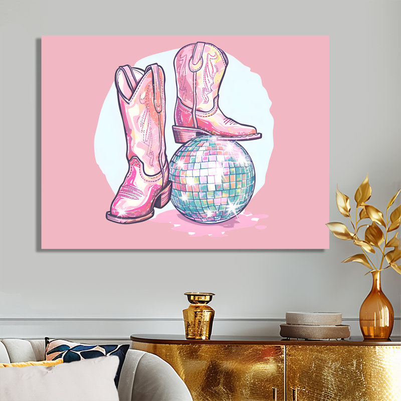 Décoration murale disco rose bottes de cowboys, H 24 po x l 32 po x P 1 po, Toile encadrée noire simple