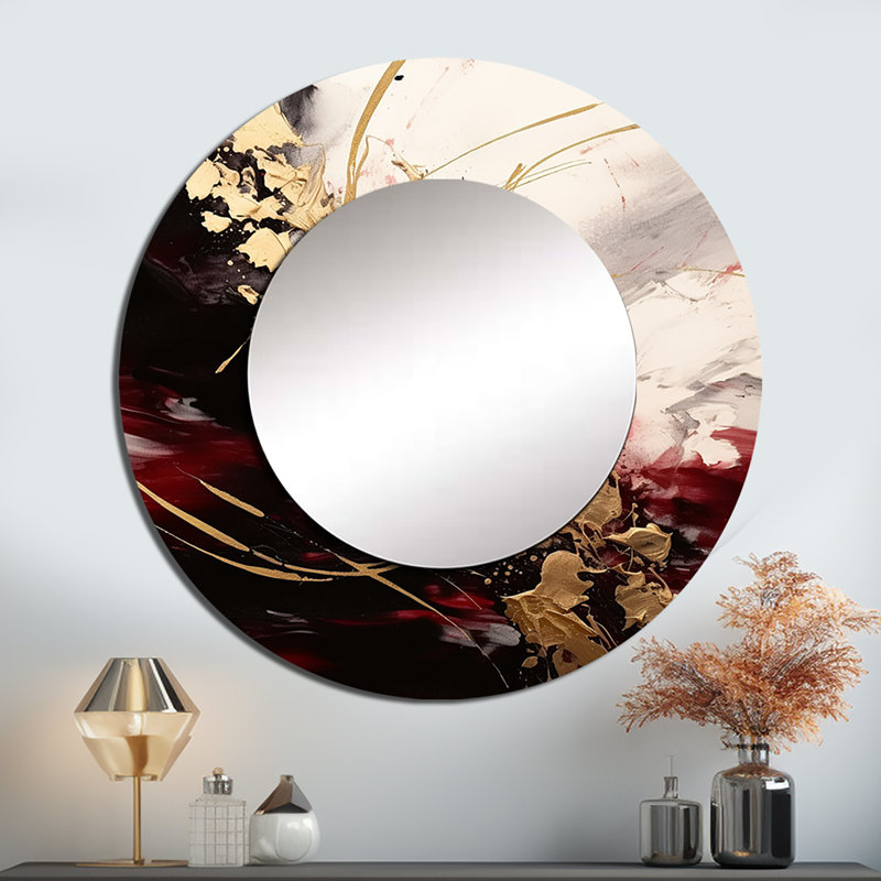 Or et rouge fluides Fusion I - grand miroir abstrait, décor de miroir mural rond unique moderne, impression sur métal