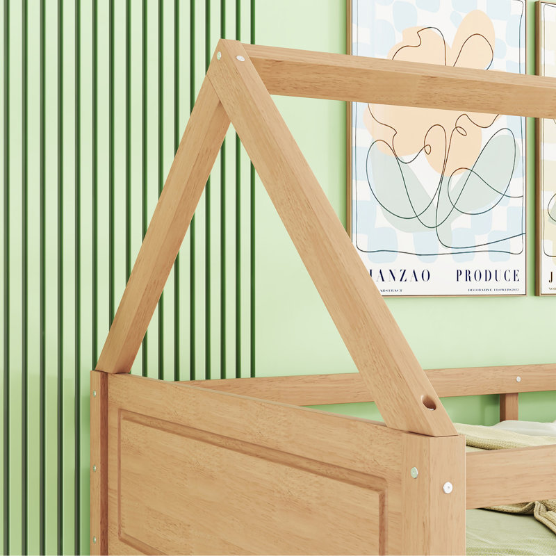 Ishmal Twin Over Twin House Bunk Bed with Headboards, Footboards, Guardrails & Ladder - Rubber Wood, White Oak
