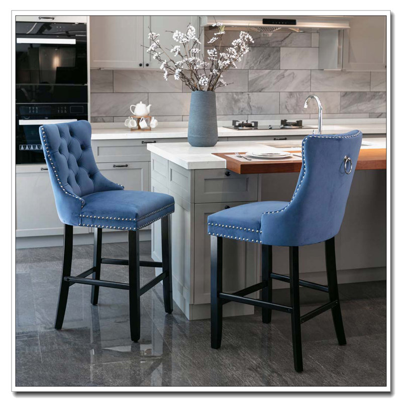 Tabourets de bar rembourrés en velours avec décoration capitonnée et pieds en bois, Noir, Bleu