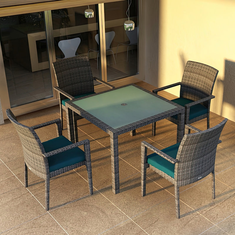 Urbana Outdoor 5 - Piece Dining Set with Cushions, Spectrum Indigo Sunbrella®, Coffee Bean, 4