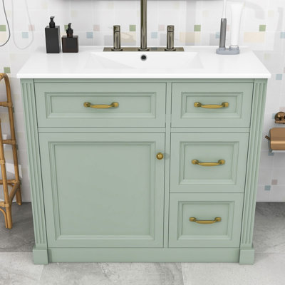 Meuble-lavabo autoportant avec lavabo en céramique, 4 tiroirs, tablette réglable et porte à fermeture en douceur