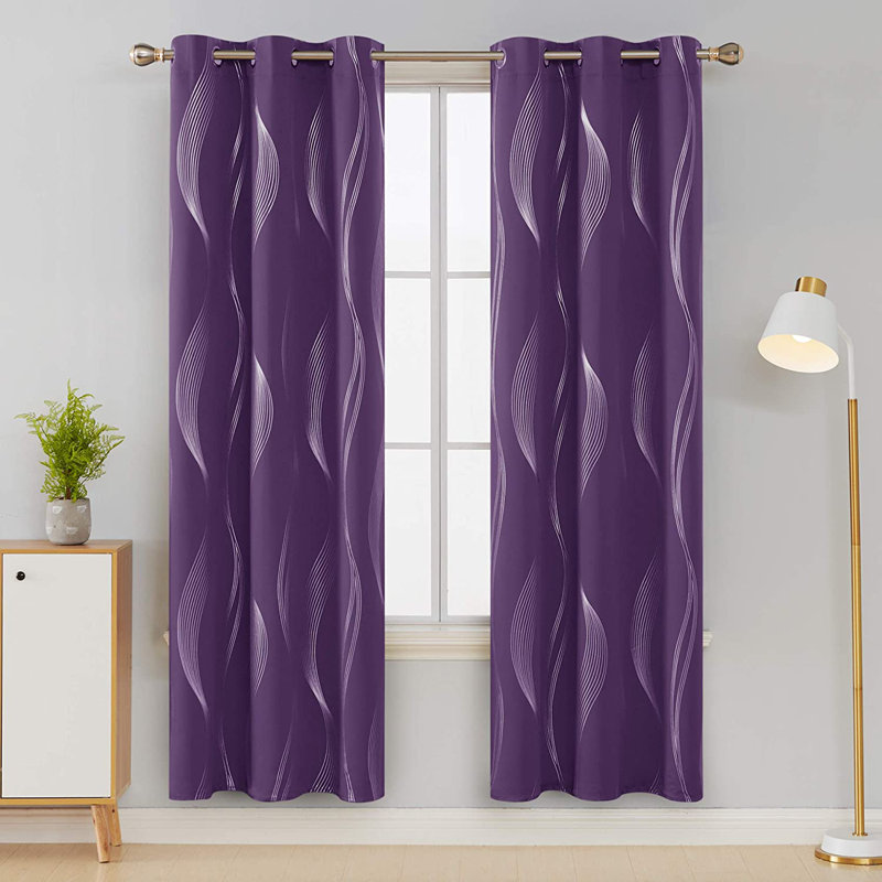 Spurgh Sliver Wave Foil Print Blackout Thermal Grommet Curtain Panels (Set of 2), 42" W x 63" L, Purple Grape