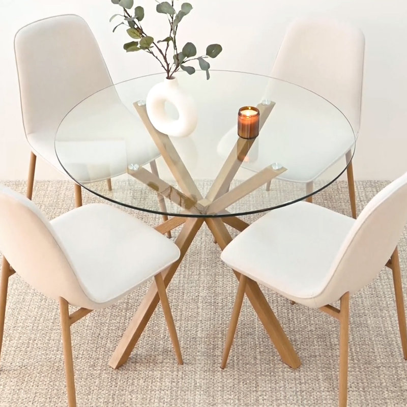 Jablon 39.4" Round Glass Top Metal Base Dining Table, Natural