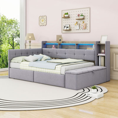 Upholstery Daybed with LED Lighting, USB Ports and Storage Drawers
