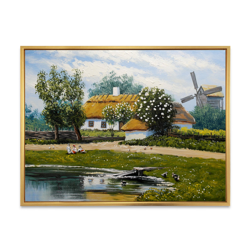 «Old Rustic Village Lanscape VI», reproduction d'art sur toile, H 24 po x l 36 po x P 1 po, Cadre flottant doré