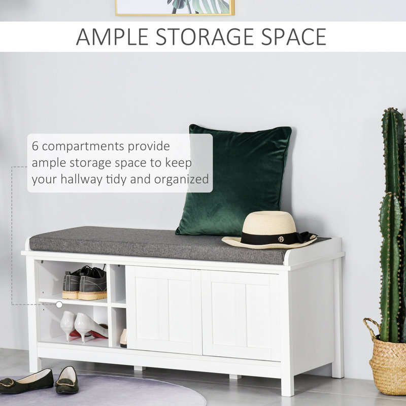Entryway Shoe Bench, Storage Ottoman Bench With Adjustable Shelf, White