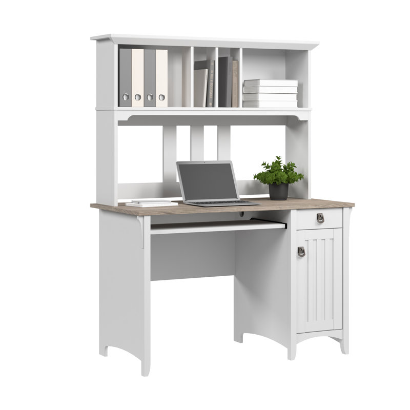 Small Computer Desk with Hutch in Pure White and Shiplap Gray, Shiplap Gray/Pure White