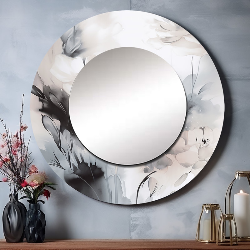 Petronius délicat gris fleurs V - miroir décoratif floral, grand miroir mural rond blanc, impression d'art en métal