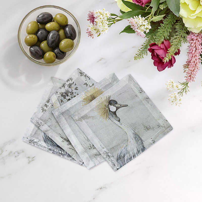 Crested Crane Cotton Sateen Cocktail Napkins, Silver Gold