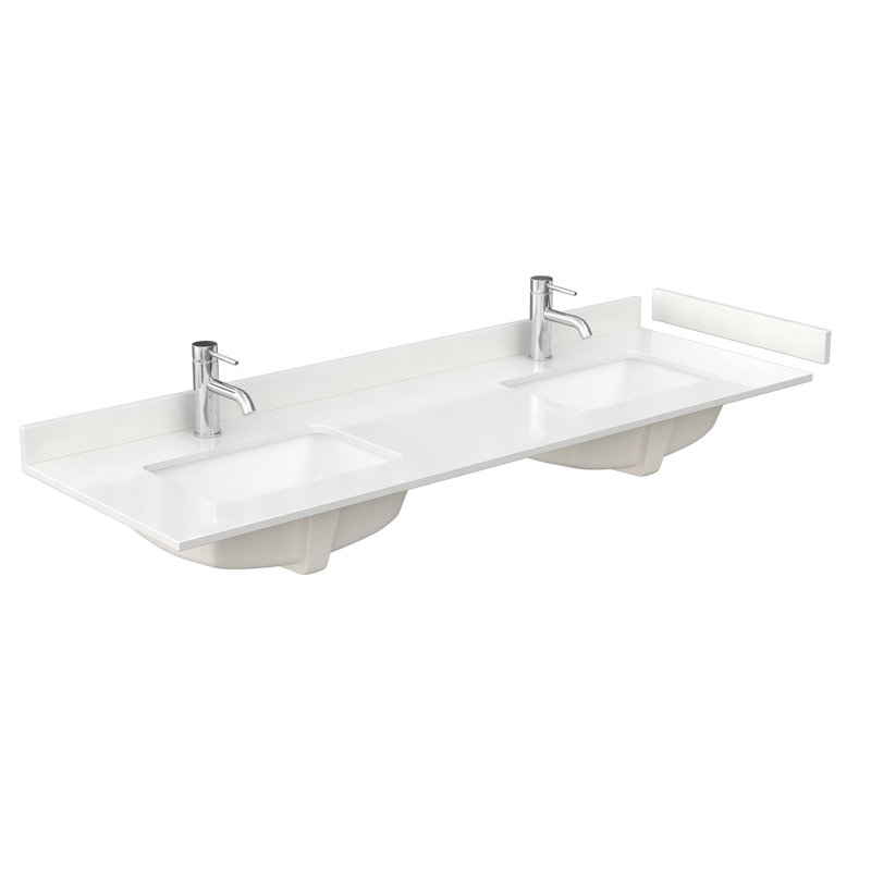 66" Double Countertop with Square Sinks (1-Hole), Backsplash & Sidesplash, White Quartz, Single
