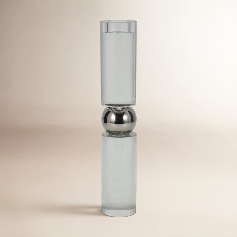 Modern Glass Cylinder Taper Candle Holder for Tabletop Decor - Decorative Sculptural Candlestick Holder for Entryway or Living Room Accent - Silver