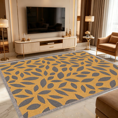 Tapis gris moutarde à motif de feuilles pour le salon, doux et confortable, adapté à toutes les saisons, facile à entretenir, tapis de sol intérieur lavable à la machine, sous la table de ferme convenant à la chambre à coucher, à la salle à manger, au bureau, au balcon, au patio