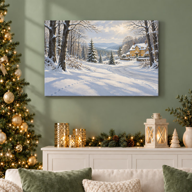 " Snowy Cottage in Sunlit Mountain Forest Christmas " Painting, H 16 po x l 24 po