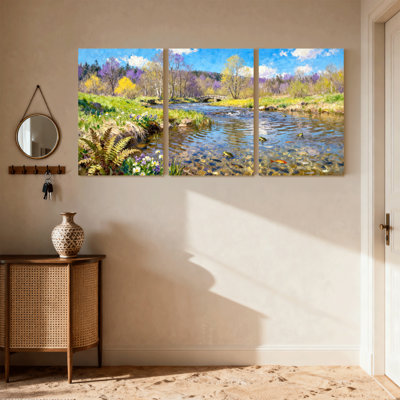 Scenic & Cityscapes Spring Stream Landscape With Flowers And Trees Set of 3 Canvas Wall Art Prints