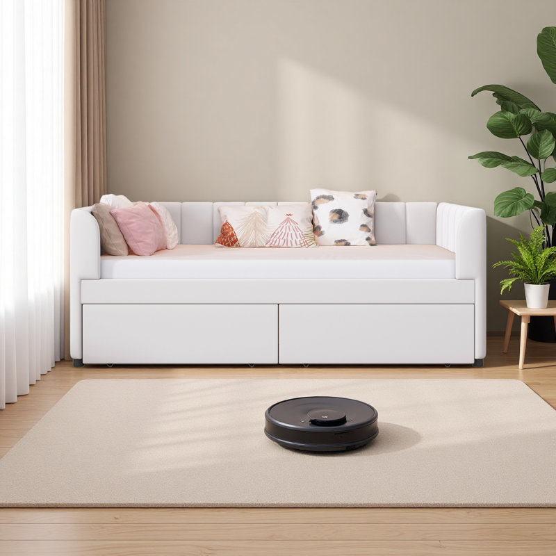 Lit de jour simple rembourré avec dossier ergonomique et 2 tiroirs, Beige
