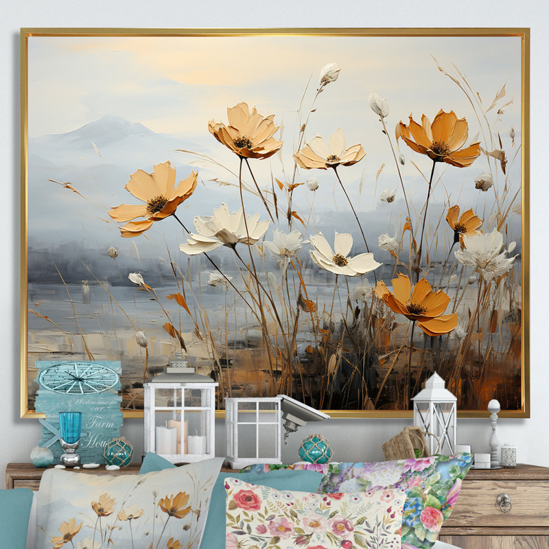 Golden Meadows Of Flowers Fields III sur toile, Cadre flottant doré, H 16 po x l 32 po x P 1 po