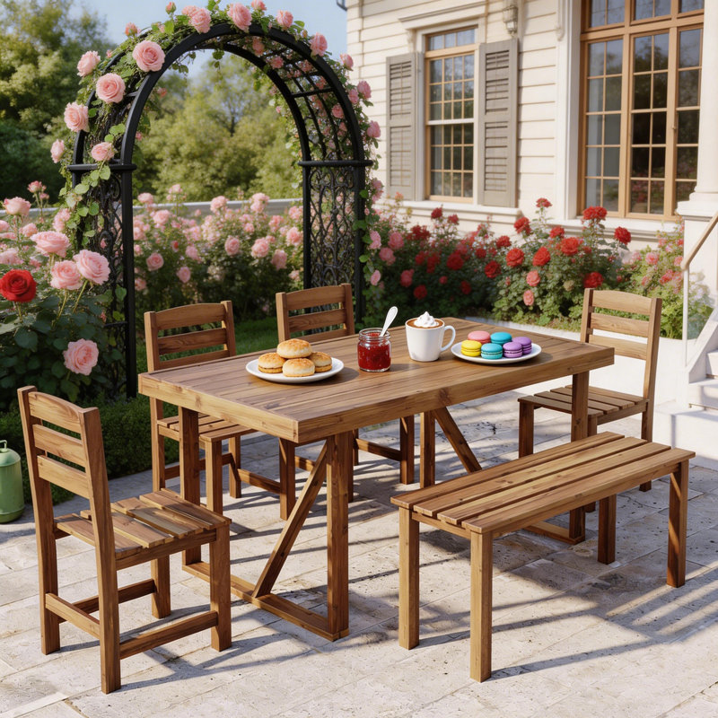 6-Piece Acacia Wood Outdoor Dining Set With Bench, Solid Patio Table And Chairs For Backyard, Deck & Garden, Natural Wood