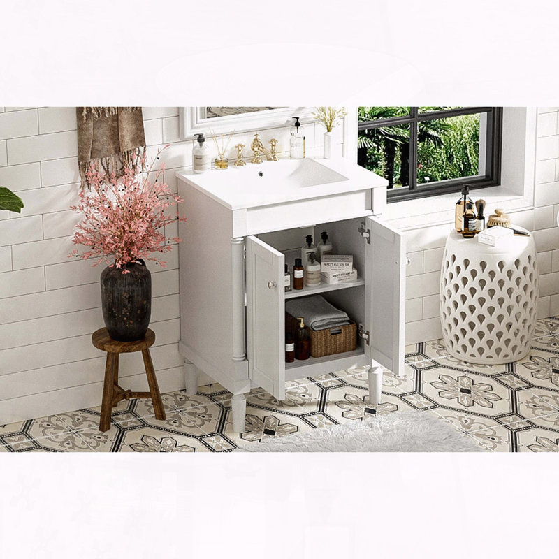 24" Modern Bathroom Vanity with 2-Tier Cabinet and Ceramic Sink, Blanc