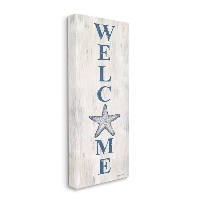 «Welcome», étoile de mer, phrase, signe, art mural par Annie Lapoint, L 20 po x H 48 po x P 0,5 po, Toile tendue