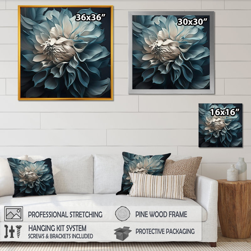 Fleurs de dahlia bleues et blanches I - Dahlia, H 30 po x l 30 po, Toile tendue, Sans cadre