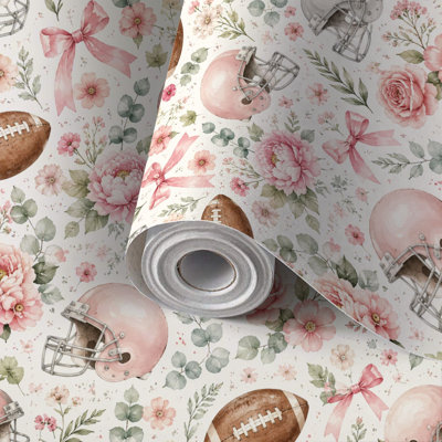 Papier peint auto-adhésif pour casque de football rose avec motif floral auto-adhésif et amovible 17,7 po x 118 po (45 x 300 cm)