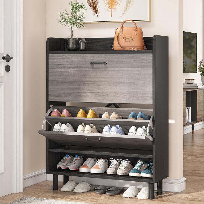22 Pair Solid Wood Shoe Storage Cabinet, Black/Grey