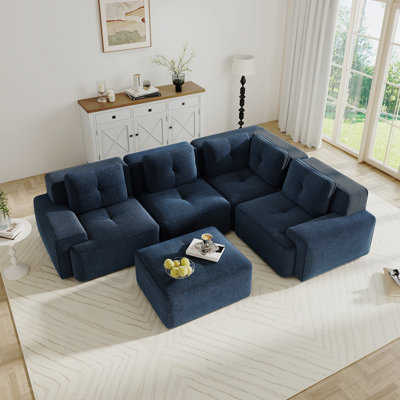 Canapé modulaire moderne à 4 places, canapé d'angle en V, tissu velours côtelé, siège profond pour le salon, repose-pieds mobile, passepoil perlé, conception capitonnée, sans assemblage, conception antidérapante, bleu