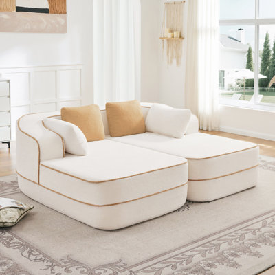 77.2" Teddy Fabric No Assembly  32D High Density Sponge Boneless Sofa,Fluffy Comfy Couch With Double Chaises,Sleeper Sofa,Contrast Color Design,Symmetrical Aesthetics,For Living Room