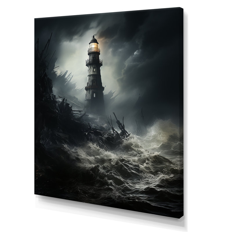 Phare battant contre les vagues orageuses - Art mural encadré, Toile tendue, H 32 po x l 24 po x P 1 po