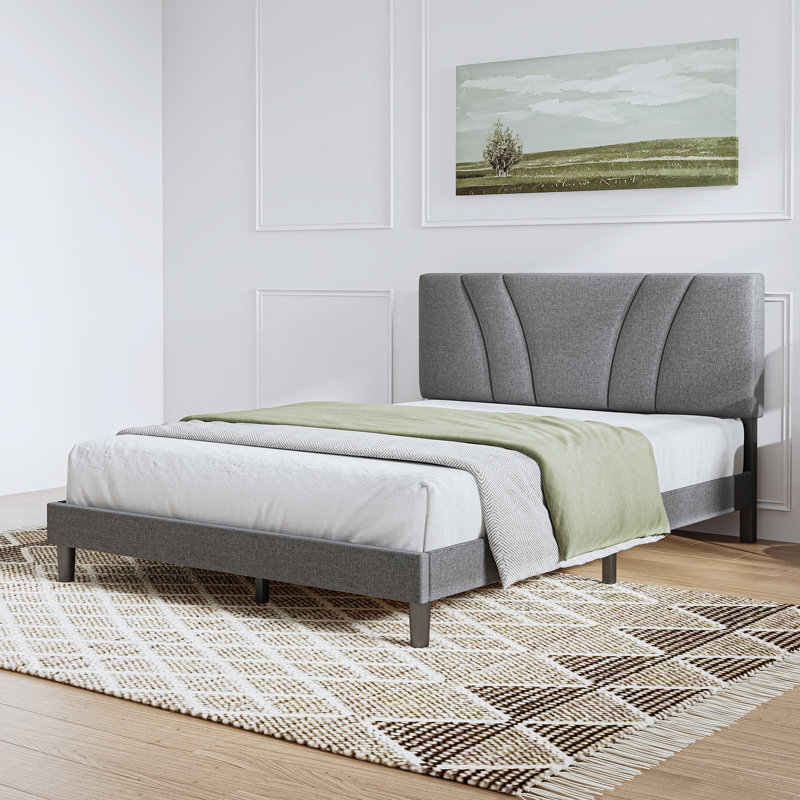 Lit plateforme tapissier Nihal avec tête de lit réglable, Grand, Gris