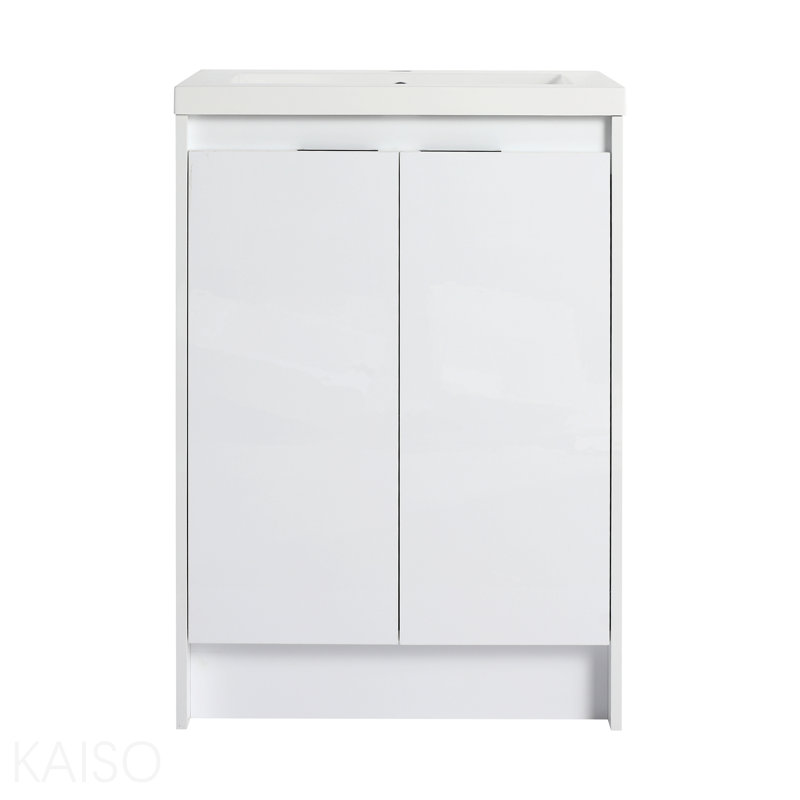 Meuble-lavabo autoportant 48 po avec lavabo en résine et 2 armoires de rangement, portes à fermeture en douceur, blanc brillant, contreplaqué