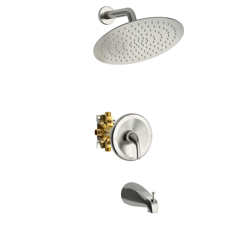 Wall Mount 10" Round Rain Shower Head And Waterfall Tub Spout In Brushed Nickel - Valve, Easy Installation Sanitary Maintenance System With & Mount, Hygiene Guarantee Assurance