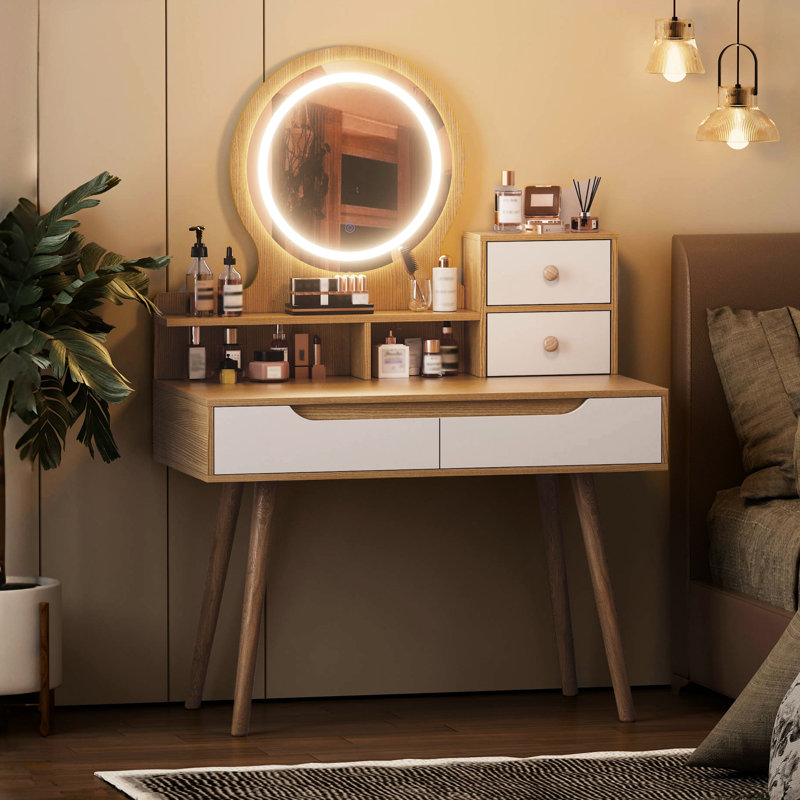 Fashionable Vanity With 4 Drawers And 3 Color Modes For Bedroom Dressing Table Solid Wooden Frame Lighting