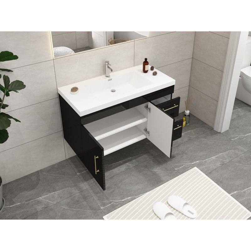 Ensemble de meuble-lavabo simple mural de 42 po Carliss, Noir, noir, noir, noir, Doré